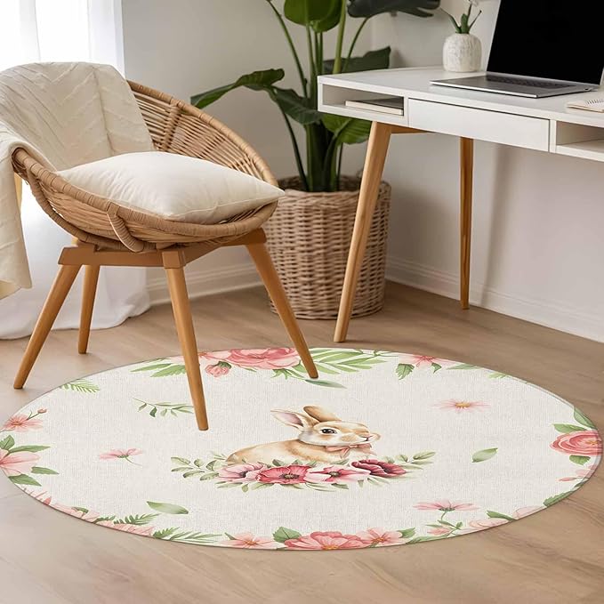 Washable Round Area Rug Retro Easter Rabbit on Linen Circle Rugs Floor Carpet for Living Room Bedroom, Spring Pastoral Pink Flower Leaf Soft Non Slip Round Rug 3ft