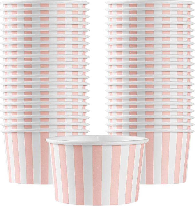 Coppetta 5-Ounce Dessert Cups, 200 Disposable Ice Cream Cups - Lids Sold Separately, Striped, Pink And White Paper FroYo Bowls, For Hot And Cold Foods, Perfect For Gelato Or Mousse - Restaurantware