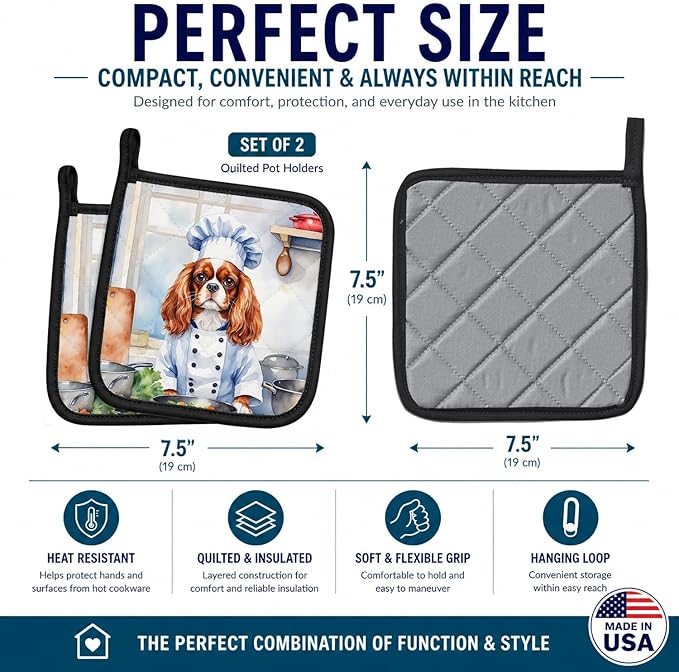 Caroline's Treasures Cavalier Spaniel The Chef Pair of Pot Holders Kitchen Heat Resistant Pot Holders Sets Oven Hot Pads for Cooking Baking BBQ, 7 1/2 x 7 1/2