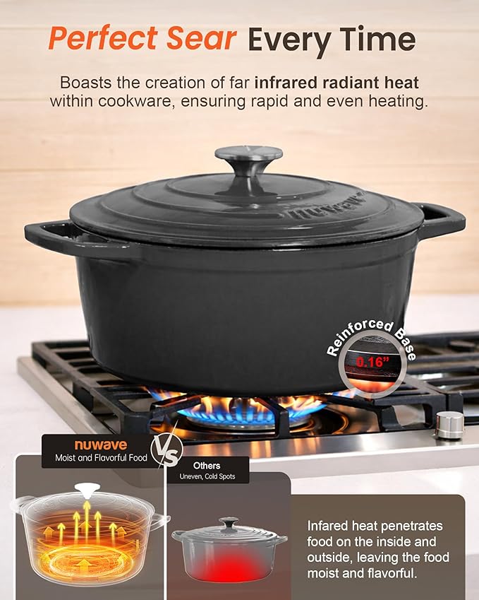 Nuwave 6QT Healthy Enameled Cast Iron Dutch Oven Pot with Lid, Heavy Duty 7-Layer Enamel, Enhanced Rust Protection, Dual Handles, Oven Safe to 500°F for Sourdough Bread Baking, Braise, Stew, Roast