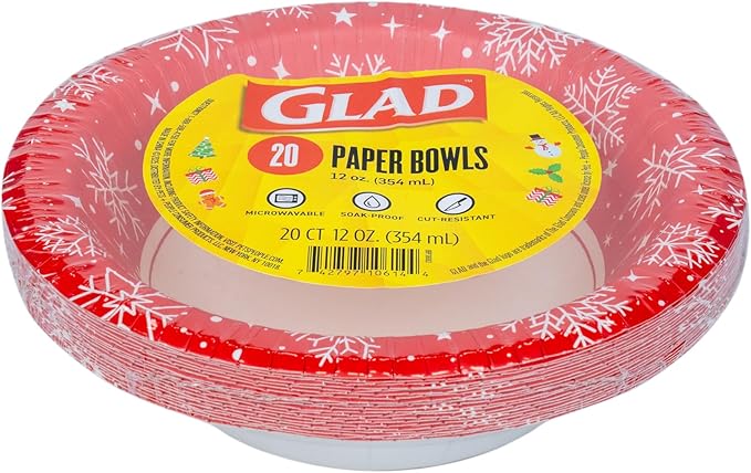 Glad Everyday Disposable Paper Bowls, Red Snowflake Holiday Design - Heavy Duty Soak-Proof Microwavable Paper Bowls - For Soups, Cereals, and Hot Foods, 12 Ounce, 20 Count - 8 Pack