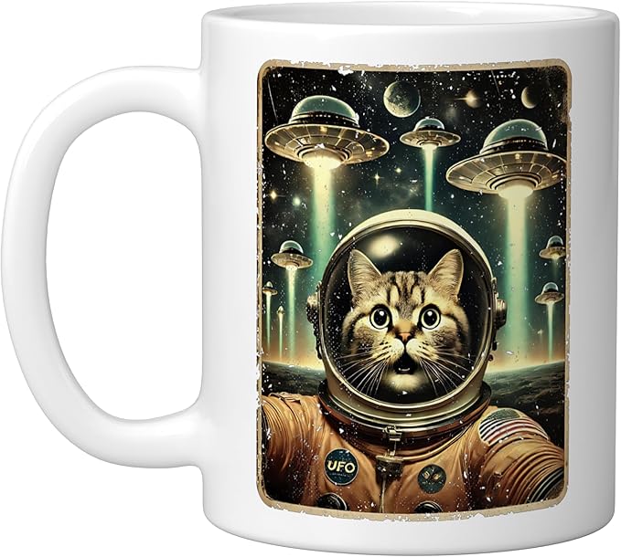 Space Cat Astronaut Funny UFO Sci-fi Alien Selfie Ceramic Mug, White
