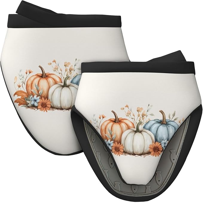 2 Pcs Mini Silicone Oven Mitts Retro Thanksgiving Floral Heat Resistant Grill Gloves with Hanging Loop, Pumpkins Harvest Short Kitchen Mittens for Cooking Baking BBQ