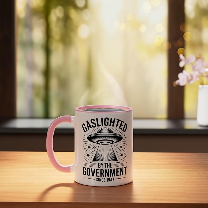 Since 1947 Gaslighted by the Government UFO Ceramic Mug, Pink/White