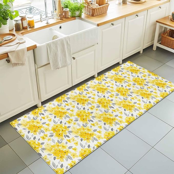 Runner Rug for Bedroom Hallway, Summer Pastoral Yellow Flower Kitchen Runner Rugs Area Rug 2x6ft, Country Floral Leaf Theme Washable Soft Floor Carpet for Entryway Stair