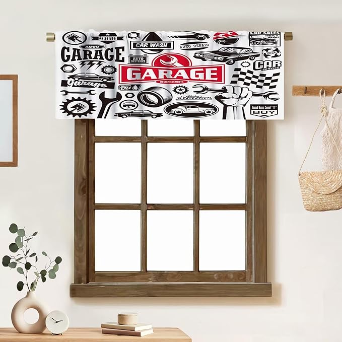 Car Service Garage Symbol Valances Curtains, Transportation Vehicle Icon Set, Design Elements of Logo Windows Short Curtain Valance for Kitchen Bedroom With Rod Pocket, 1 Panel 54X18 Inches