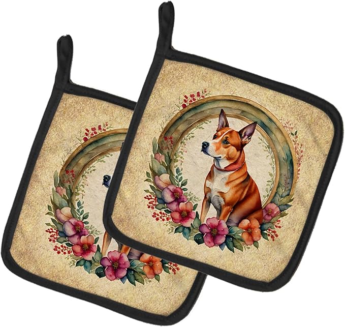 Caroline's Treasures Basenji and Flowers Pair of Pot Holders Kitchen Heat Resistant Pot Holders Sets Oven Hot Pads for Cooking Baking BBQ, 7 1/2 x 7 1/2