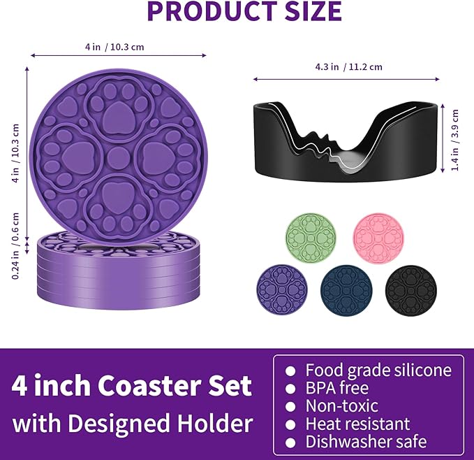 6 Pack Purple Silicone Drink Coasters with Holder, 4 Inch Non-Slip Heat-Resistant Round Cup Mats, Decorative Waterproof Coasters for Tabletop, Office Desk, Bar & Coffee Table, Dishwasher Safe