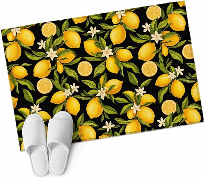 Area Rug 2x3ft, Summer Lemon Flower Washable Rugs for Living Room Bedroom, Plant on Black Soft Non-Slip Area Rugs Rectangle Floor Carpet for Dining Room