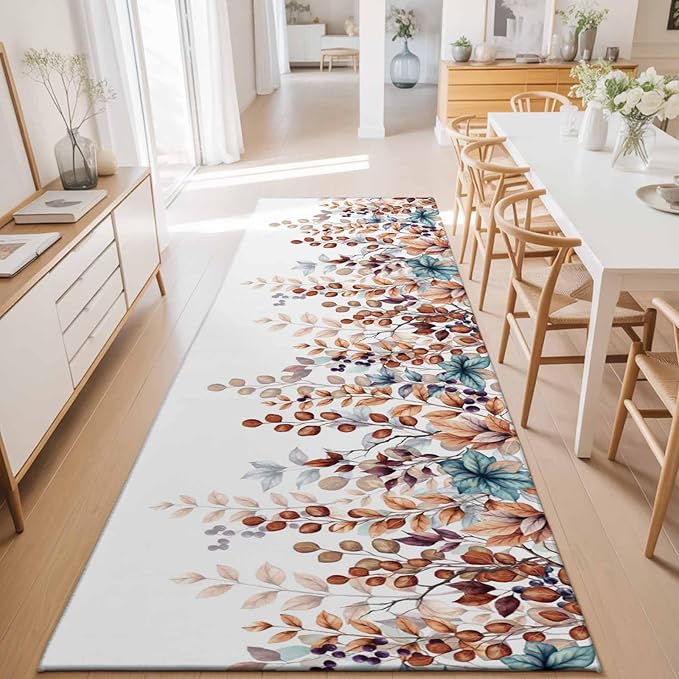 Runner Rug for Bedroom Hallway, Fall Orange Watercolor Eucalyptus Leaves Kitchen Runner Rugs Area Rug 2x6ft, Fallen Leaf on White Washable Soft Floor Carpet for Entryway Stair