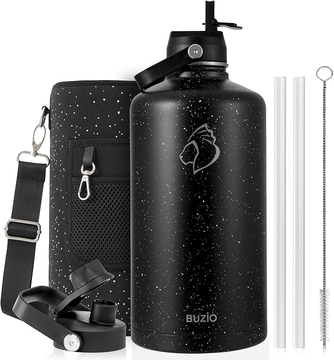 BUZIO 1 Gallon Water Jug with Straw Lid, 128oz Water Bottle Stainless Steel Triple Wall Hydro Jug 18/8 Food Grade Thermo Mug Keep Cold 48H & Hot 24H, Starry Day & Night
