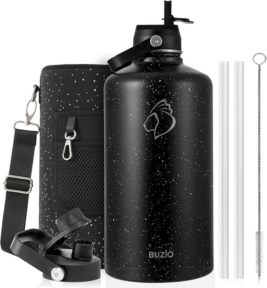 BUZIO 1 Gallon Water Jug with Straw Lid, 128oz Water Bottle Stainless Steel Triple Wall Hydro Jug 18/8 Food Grade Thermo Mug Keep Cold 48H & Hot 24H, Starry Day & Night