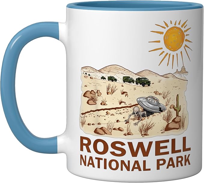 Roswell National Park UFO Flying Saucer Crash 1947 UAP Alien Ceramic Mug, Blue/White