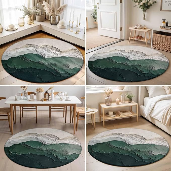 Washable Round Area Rug Rustic Green Gray White Mountain Range Circle Rugs Floor Carpet for Living Room Bedroom, Abstract Art Soft Non Slip Round Rug 3ft