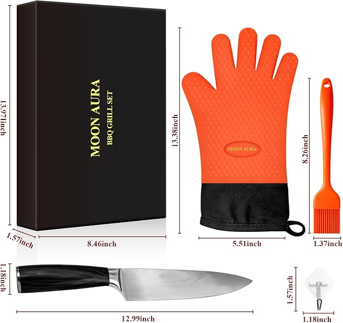 Silicone Smoker Oven Gloves - BBQ Gloves with Sharp Knife, Basting Brush and Sticky Hook.