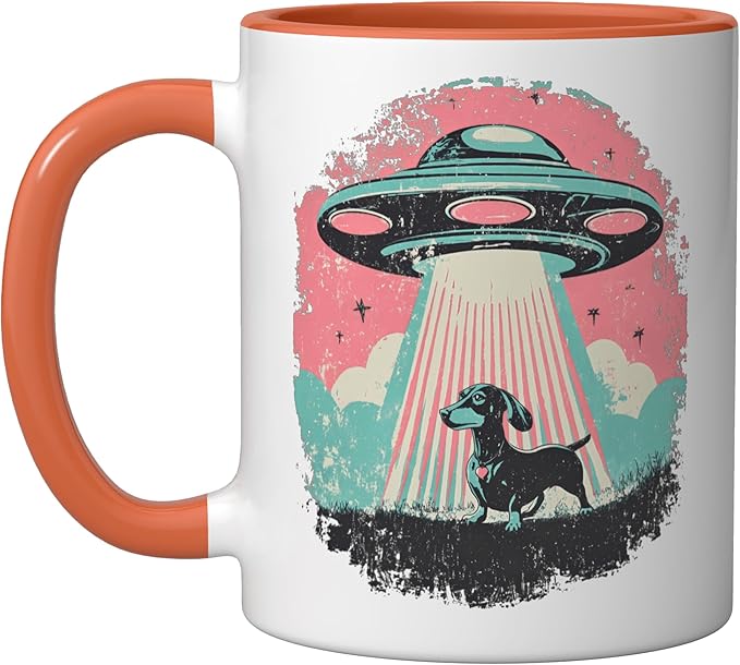 Retro UFO Dachshund Dog Alien Beam Vintage Sci Fi Pooch Ceramic Mug, Orange/White