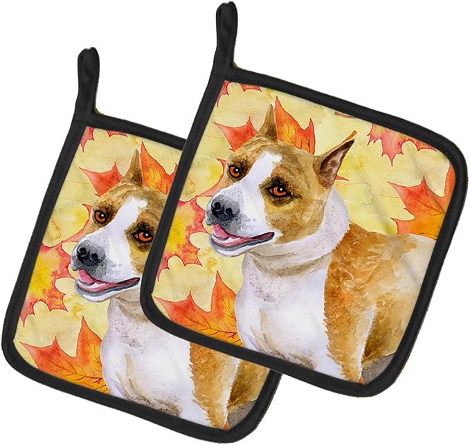 Caroline's Treasures BB9905PTHD American Staffordshire Fall Pair of Pot Holders, Yellow Kitchen Heat Resistant Pot Holders Sets Oven Hot Pads for Cooking Baking BBQ, 7 1/2 x 7 1/2