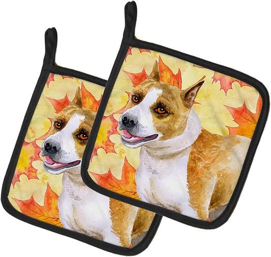 Caroline's Treasures BB9905PTHD American Staffordshire Fall Pair of Pot Holders, Yellow Kitchen Heat Resistant Pot Holders Sets Oven Hot Pads for Cooking Baking BBQ, 7 1/2 x 7 1/2
