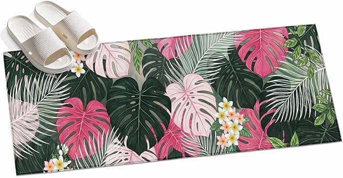 Runner Rug for Bedroom Hallway, Summer Watercolor Pink Green Leaf Kitchen Runner Rugs Area Rug 2x6ft, Tropical Flower Leaves Plant Washable Soft Floor Carpet for Entryway Stair