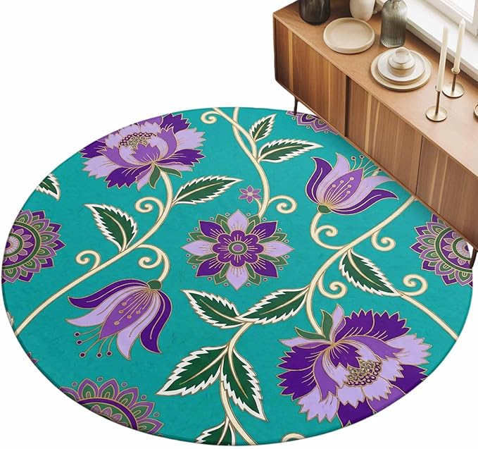 Washable Round Area Rug Bohemian Purple Flowers Circle Rugs Floor Carpet for Living Room Bedroom, Paisley Floral Art Soft Non Slip Round Rug 5ft
