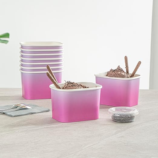 Restaurantware Paper Cups 200 Count 12 Ounce Square Disposable Ice Cream Containers, Leak-Resistant Paper Dessert To Go Cups, Hot And Cold Food, Durable Purple And Blue Ombre Design