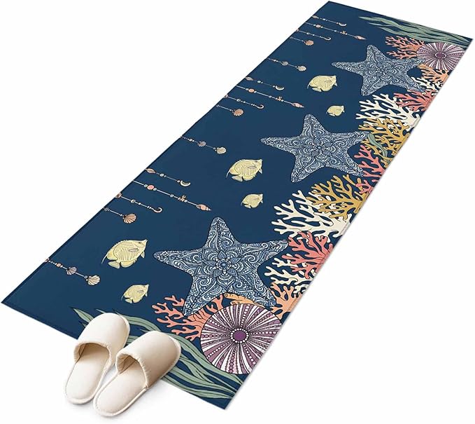 Runner Rug for Bedroom Hallway, Ocean Starfish Coral Fish Kitchen Runner Rugs Area Rug 2x6ft, Underwater Creature on Navy Blue Washable Soft Floor Carpet for Entryway Stair
