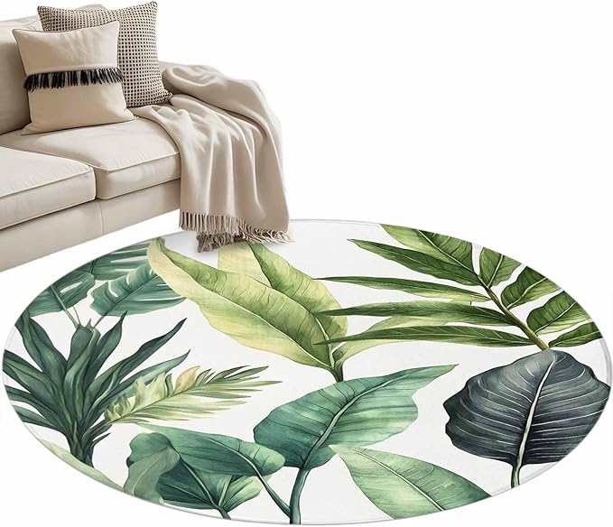 Washable Round Area Rug Summer Green Tropical Palm Leaves Circle Rugs Floor Carpet for Living Room Bedroom, Watercolor Plant Soft Non Slip Round Rug 4ft