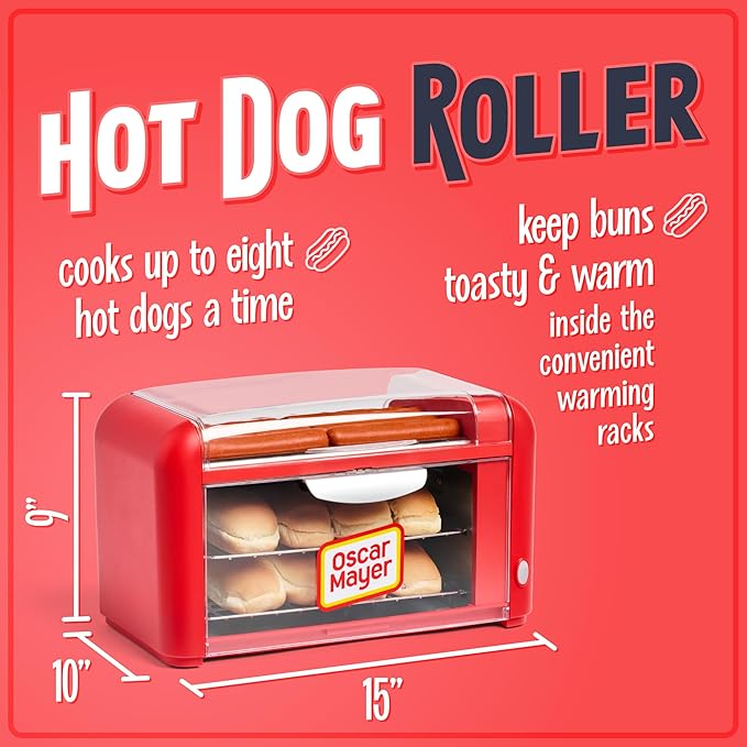 Nostalgia Oscar Mayer Extra Large 8 Hot Dog Roller & Bun Toaster Oven- Stainless Steel Grill Rollers for Cooking Veggie Sausages & Brats- Multi-Use Warming Oven with Adjustable Timer for Parties - Red