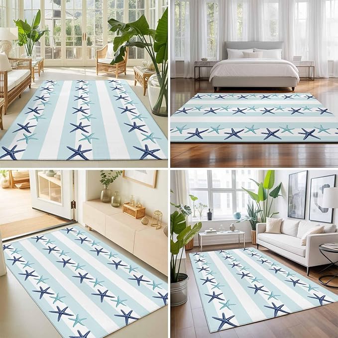 Area Rug 4x6ft, Summer Coastal Starfish Blue Teal Washable Rugs for Living Room Bedroom, Watercolor Ocean Theme Stripe Soft Non-Slip Area Rugs Rectangle Floor Carpet for Dining Room