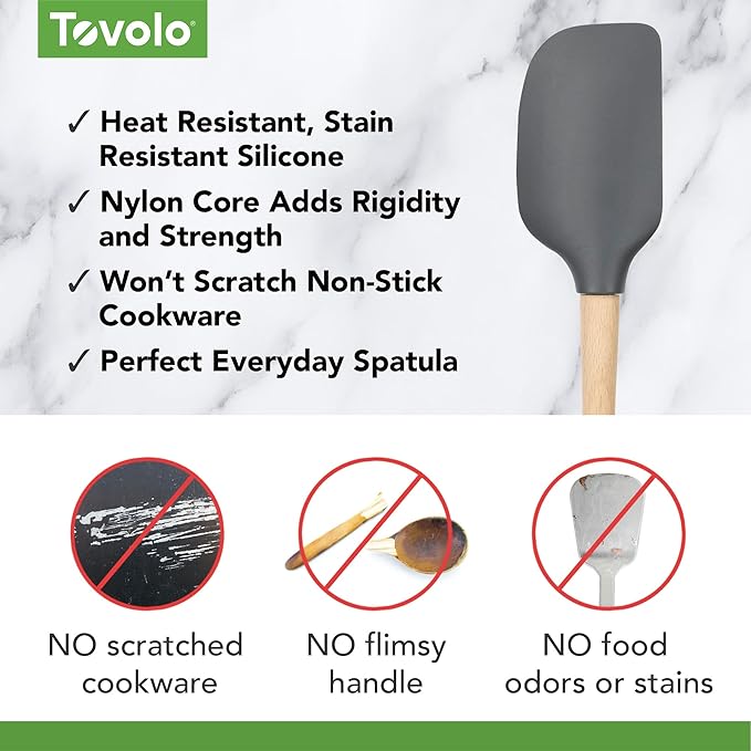 Tovolo Silicone Spatula Wooden Handle for Cooking Baking Mixing, Heat Resistant Food Safe BPA Free Flexible Silicone Baking Spatula with Wood Handles Kitchen Utensils Nonstick Safe, Charcoal Gray