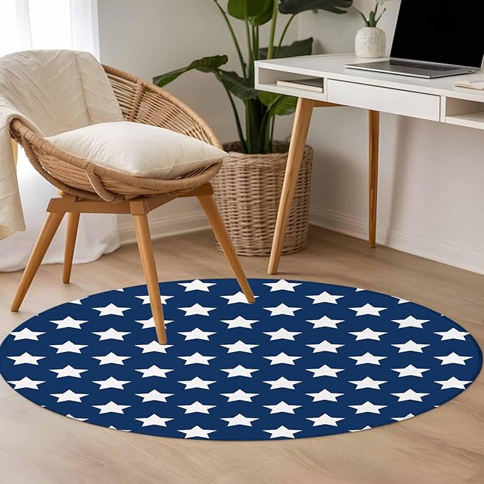 Washable Round Area Rug 4th of July White Star on Navy Blue Circle Rugs Floor Carpet for Living Room Bedroom, Independence Freedom Liberty Soft Non Slip Round Rug 3ft