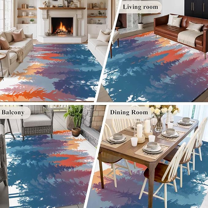 Area Rug 6x9ft, Abstract Trees Forest Silhouette Washable Rugs for Living Room Bedroom, Natural Scene Plants Soft Non-Slip Area Rugs Rectangle Floor Carpet for Dining Room