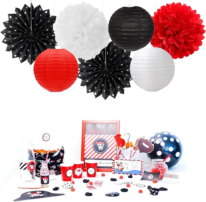 Black White-Red Party-Decorations Streamers Lanterns - 14pcs Birthday Graduation 2026 Paper Honeycomb Fan,Tissue Pom Poms,Men Women Wedding Baby Shower Backdrop Supplies Decor Ouruola