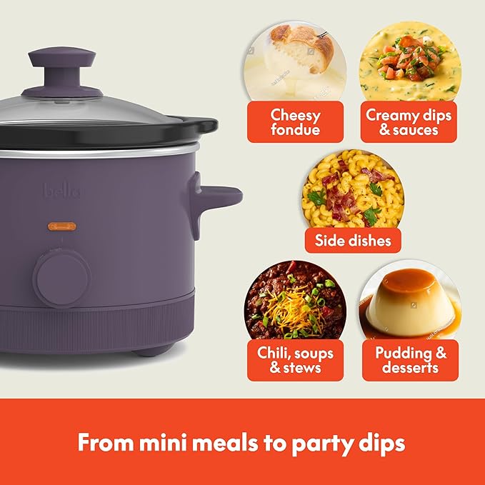 bella 1.5 Qt Slow Cooker with 3 Heat Manual Control, Ceramic Nonstick Coating, Dishwasher Safe Stoneware Pot and Tempered Glass Lid, Tangle Free Cord Wrap & Cool Touch Handles, Plum