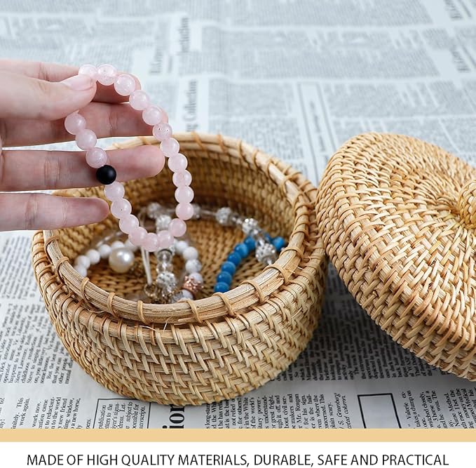 DOERDO Round Rattan Storage Basket with Lid, Hand Woven Rattan Storage Box for Jewelry Fruit Snacks Basket, 5.5x3.9 Inch
