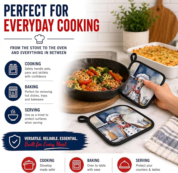 Caroline's Treasures Greyhound The Chef Pair of Pot Holders Kitchen Heat Resistant Pot Holders Sets Oven Hot Pads for Cooking Baking BBQ, 7 1/2 x 7 1/2