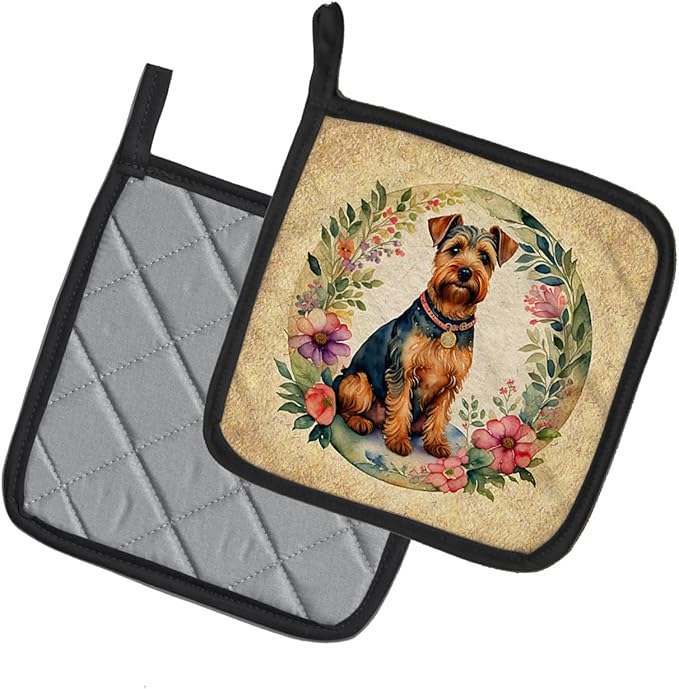Caroline's Treasures Welsh Terrier and Flowers Pair of Pot Holders Kitchen Heat Resistant Pot Holders Sets Oven Hot Pads for Cooking Baking BBQ, 7 1/2 x 7 1/2