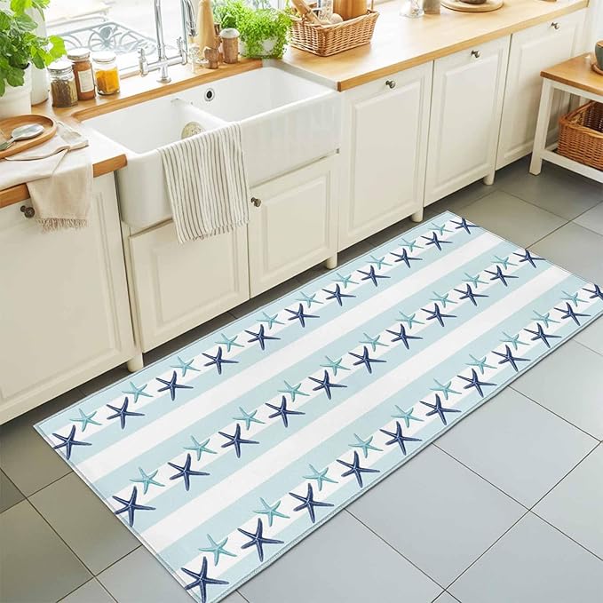 Runner Rug for Bedroom Hallway, Summer Coastal Starfish Blue Teal Kitchen Runner Rugs Area Rug 2x6ft, Watercolor Ocean Theme Stripe Washable Soft Floor Carpet for Entryway Stair