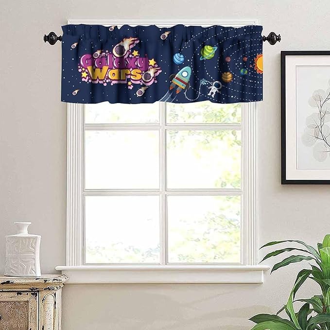 Cartoon Space Valance, Fun Galaxy War Planet Rocket Kids Boys Window Treatment for Kitchen Dining Bedroom Nursery, 54x18Inch