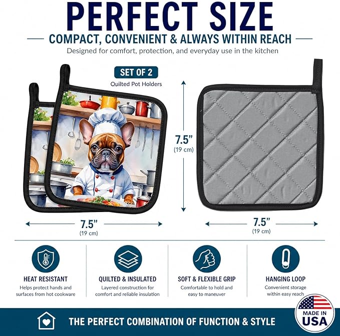 Caroline's Treasures French Bulldog The Chef Pair of Pot Holders Kitchen Heat Resistant Pot Holders Sets Oven Hot Pads for Cooking Baking BBQ, 7 1/2 x 7 1/2