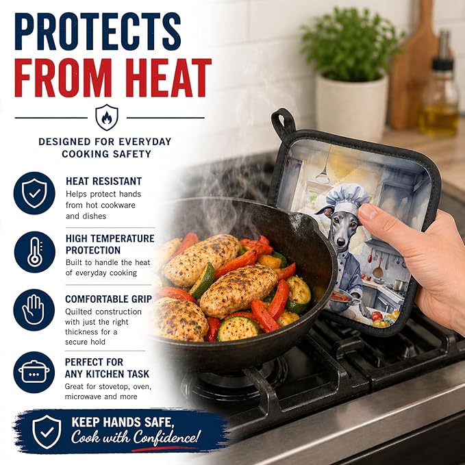 Caroline's Treasures Greyhound The Chef Pair of Pot Holders Kitchen Heat Resistant Pot Holders Sets Oven Hot Pads for Cooking Baking BBQ, 7 1/2 x 7 1/2