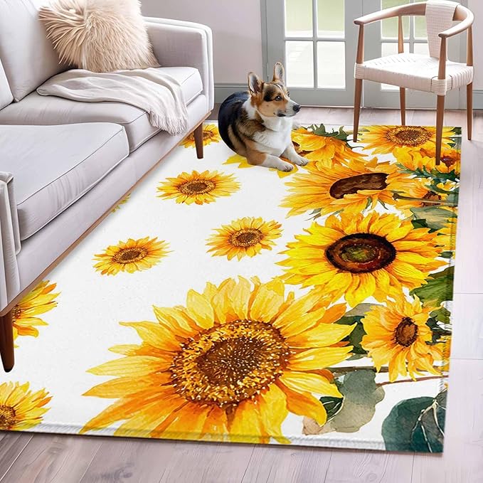 Area Rug 4x6ft, Summer Pastoral Sunflower Washable Rugs for Living Room Bedroom, Farmhouse Yellow Flower Soft Non-Slip Area Rugs Rectangle Floor Carpet for Dining Room