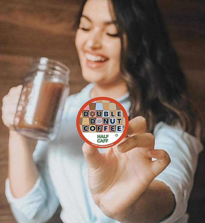 Double Donut Coffee Half Caff Coffee Pods, Single Serve Half Caffeine Coffee Pods For Keurig K Cup Brewers, Medium Roast, 24 Count pack of 2