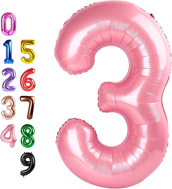 40 Inch Numbers 3 Balloon, Three Pearl Pink Happy Birthday Balloons for Girls Boys Babies, Number Balloons 3rd for 3 13 23 30 Wedding Bridal Shower Anniversaries Party
