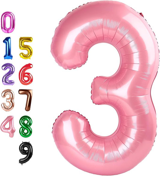 40 Inch Numbers 3 Balloon, Three Pearl Pink Happy Birthday Balloons for Girls Boys Babies, Number Balloons 3rd for 3 13 23 30 Wedding Bridal Shower Anniversaries Party