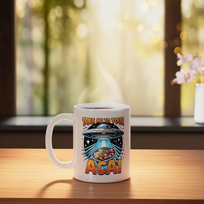 Take Me to Your Acai UFO Abduction Berry Fruit Funny Acai Ceramic Mug, White