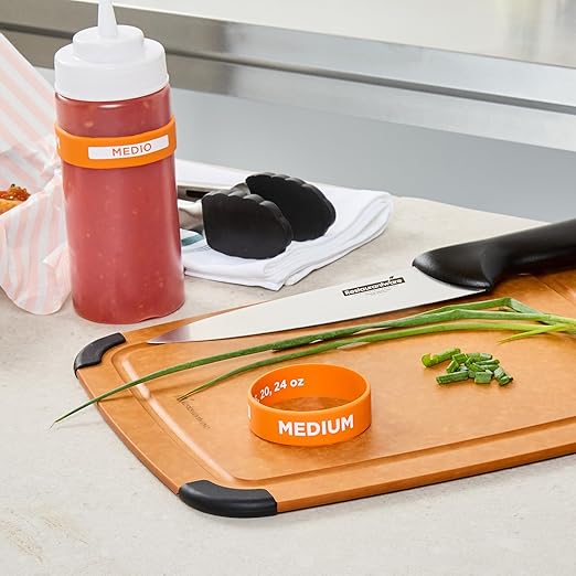 Restaurantware Silicone Squeeze Bottle Band 10 Count 2.75 Inch Dishwasher Safe Condiment Identification Band, Medium Orange Non-Slip Label Band for Condiment Labeling at Restaurants, Food Trucks
