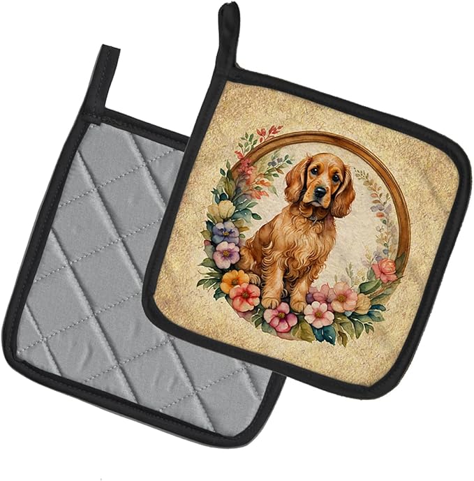 Caroline's Treasures Cocker Spaniel and Flowers Pair of Pot Holders Kitchen Heat Resistant Pot Holders Sets Oven Hot Pads for Cooking Baking BBQ, 7 1/2 x 7 1/2