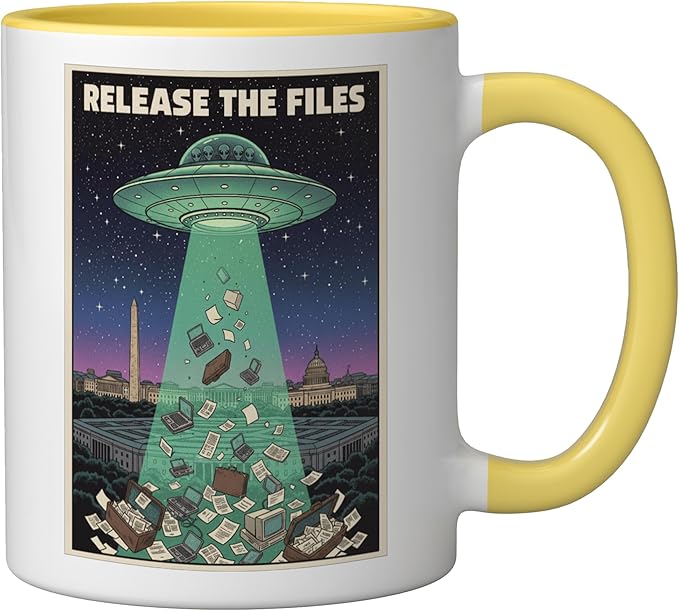 Release the Files UFO Disclosure UAP Alien Conspiracy Ceramic Mug, Yellow/White