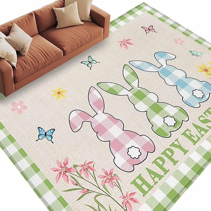 Area Rug 6x9ft, Happy Easter Bunny Shadow Flowers Washable Rugs for Living Room Bedroom, Retro Linen Cotton and Grid Soft Non-Slip Area Rugs Rectangle Floor Carpet for Dining Room